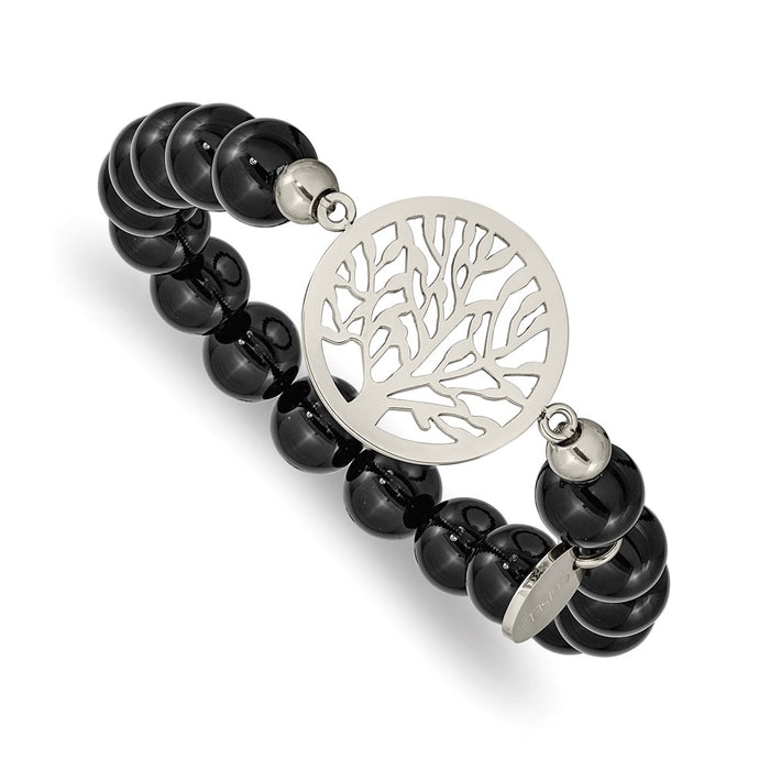 Chisel Brand Jewelry, Stainless Steel Polished tree of Life Black Agate Beaded Stretch Bracelet