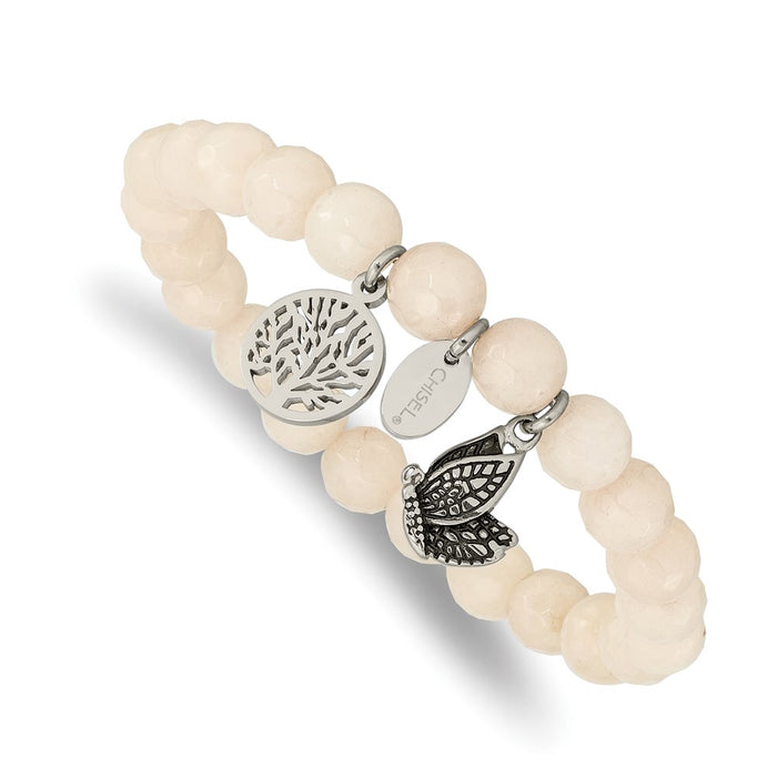 Chisel Brand Jewelry, Stainless Steel Antiqued & Polished Butterfly White Jade Stretch Bracelet