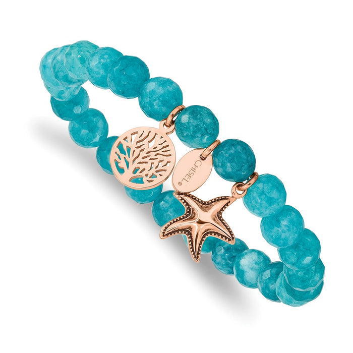 Chisel Brand Jewelry, Stainless Steel Antiqued & Polished Rose IP Starfish Aqua Dyed Jade Bracele