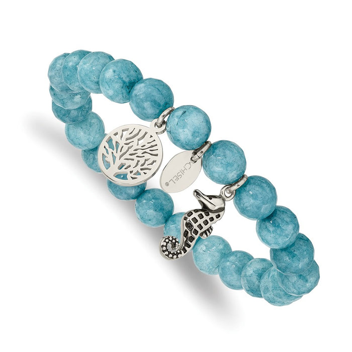 Chisel Brand Jewelry, Stainless Steel Antiqued & Polished Seahorse Blue Dyed Jade Stretch Bracele