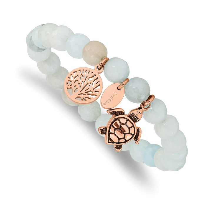 Chisel Brand Jewelry, Stainless Steel Antiqued & Polished Rose IP Blue/Grey Dyed Jade Bracelet