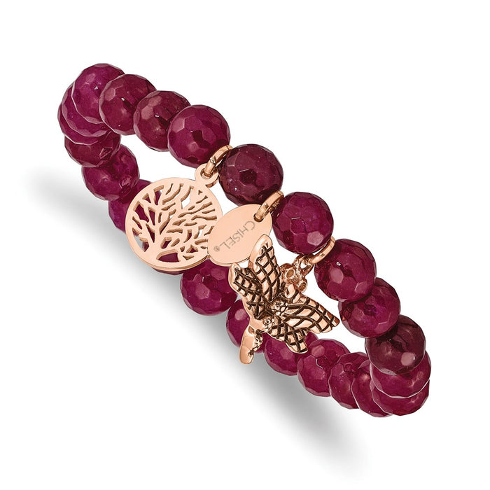 Chisel Brand Jewelry, Stainless Steel Antiqued & Polished Rose IP Dragonfly Pink Dyed Jade Bracel