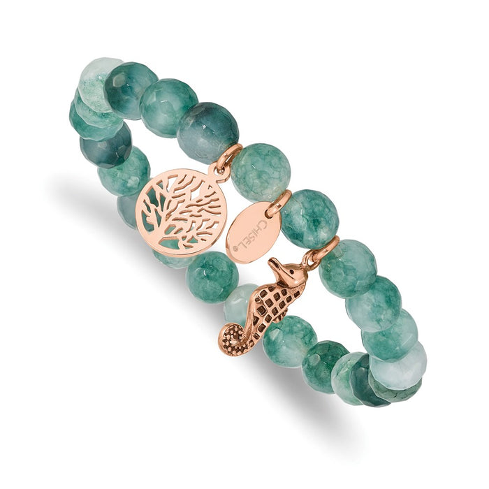 Chisel Brand Jewelry, Stainless Steel Antiqued & Polished Rose IP Seahorse Green Dyed Jade Bracel