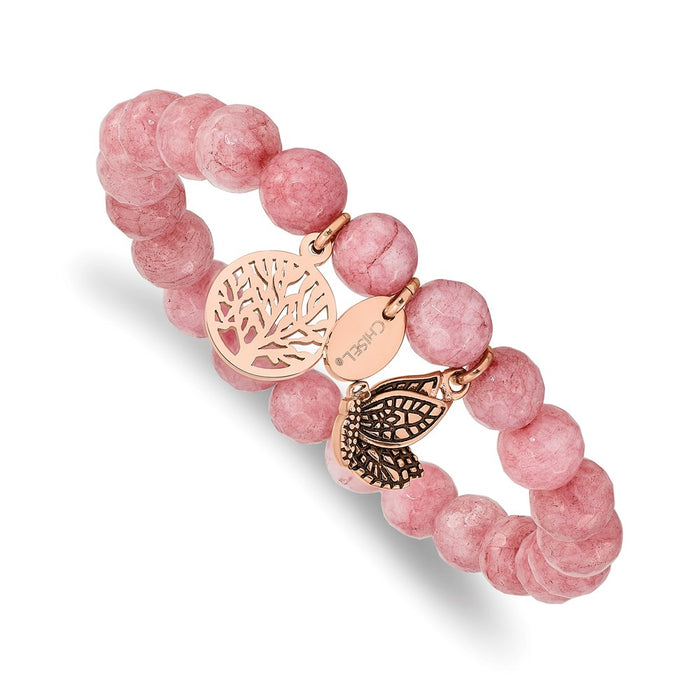 Chisel Brand Jewelry, Stainless Steel Antiqued & Polished Rose IP Pink Dyed Jade Stretch Bracelet