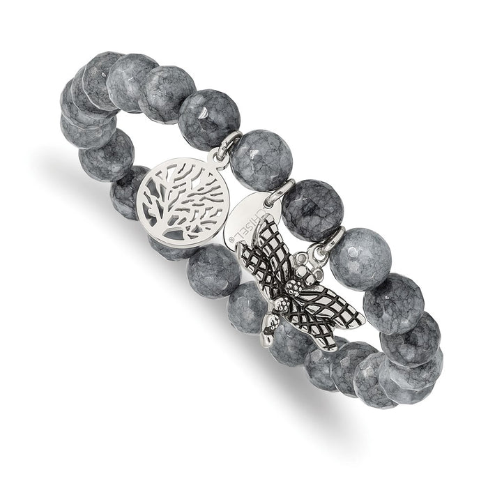 Chisel Brand Jewelry, Stainless Steel Antiqued & Polished Dragonfly Grey Dyed Jade Bracelet