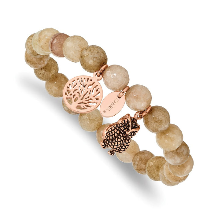 Chisel Brand Jewelry, Stainless Steel Antiqued & Polished Rose IP Owl Taupe Dyed Jade Bracelet