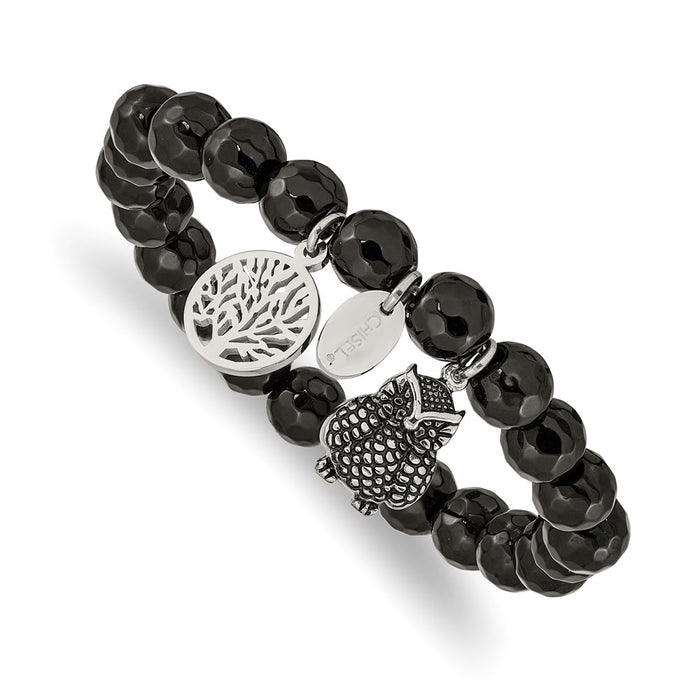 Chisel Brand Jewelry, Stainless Steel Antiqued & Polished Owl Black Jade Stretch Bracelet