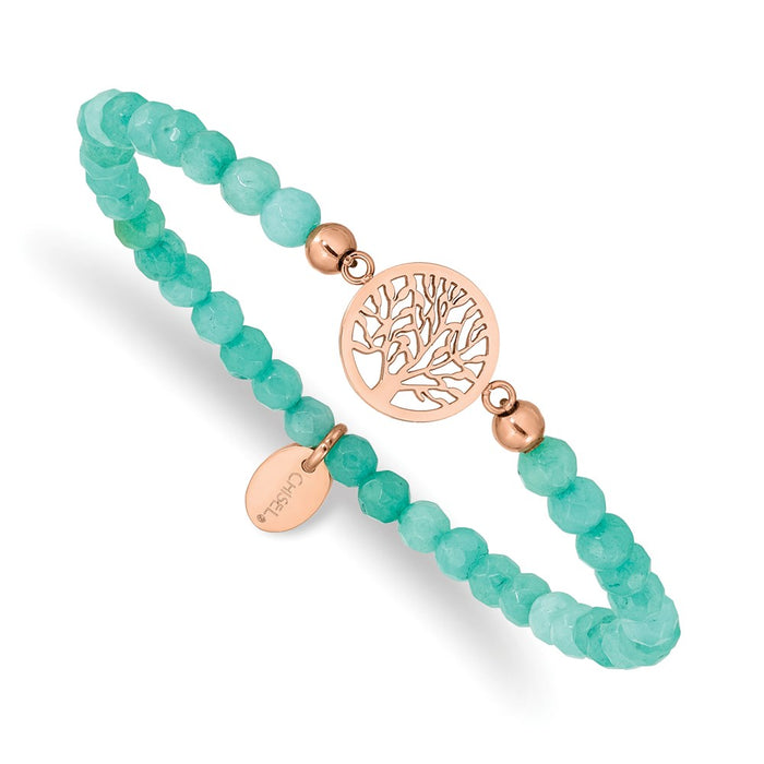 Chisel Brand Jewelry, Stainless Steel Polished Rose IP Tree of Life Mint Jade Stretch Bracelet