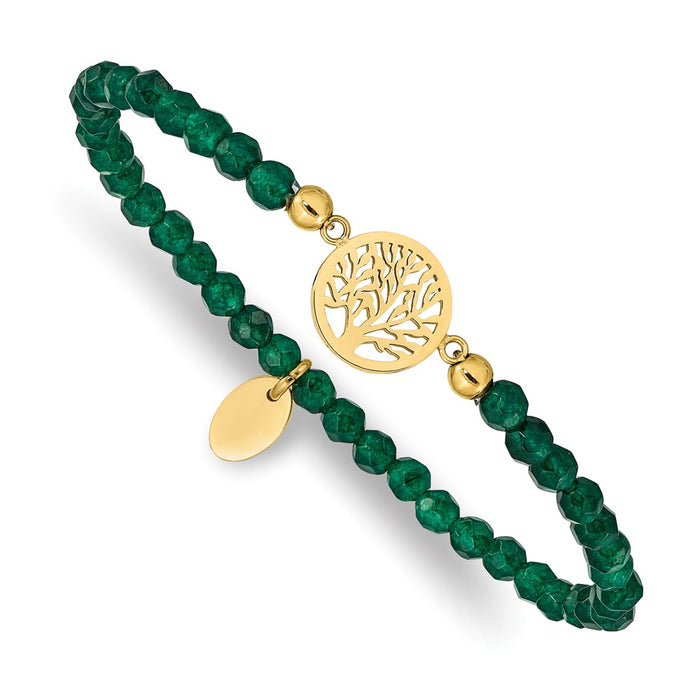 Chisel Brand Jewelry, Stainless Steel Polished Yellow IP Tree of Life Green Jade Stretch Bracelet