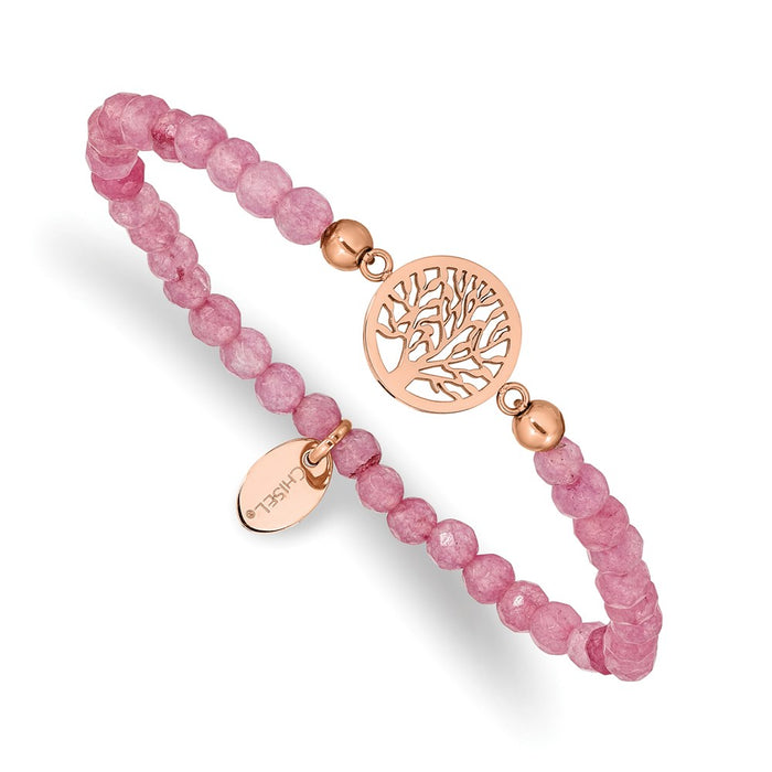 Chisel Brand Jewelry, Stainless Steel Polished Rose IP Tree of Life Red Jade Stretch Bracelet