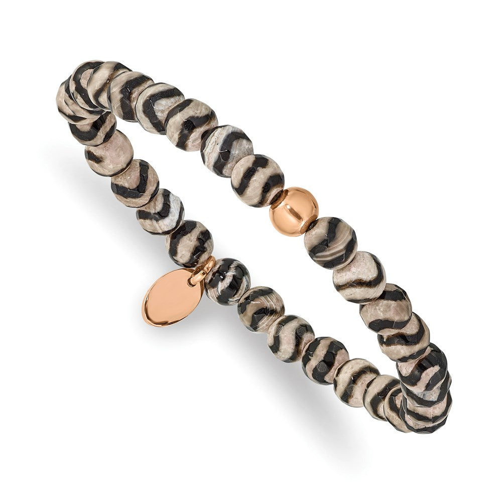 Chisel Brand Jewelry, Stainless Steel Polished Rose IP Black and White Agate Stretch Bracelet