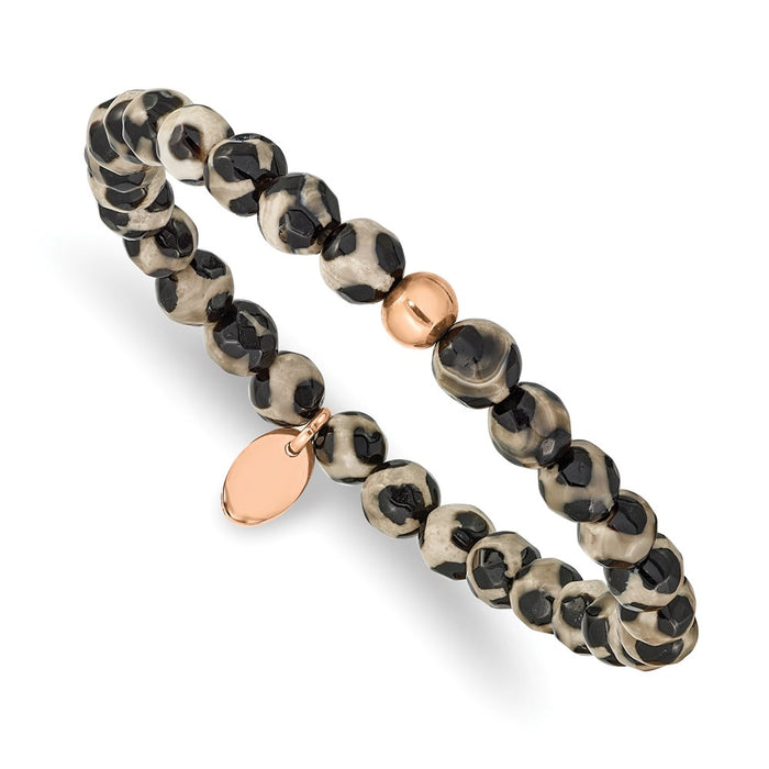 Chisel Brand Jewelry, Stainless Steel Polished Rose IP Black and White Agate Stretch Bracelet