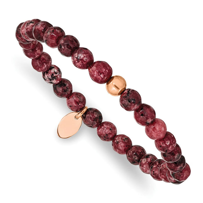 Chisel Brand Jewelry, Stainless Steel Polished Rose IP-plated Red Jade Stretch Bracelet