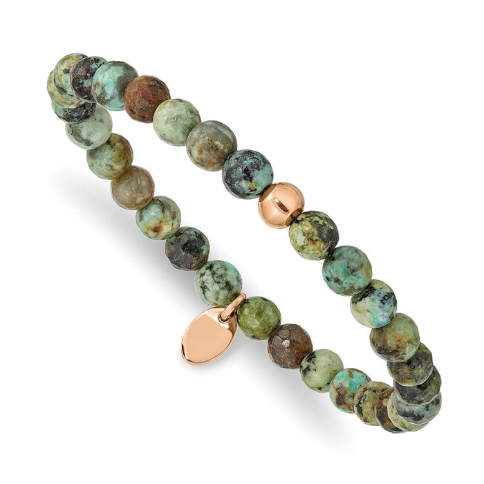 Chisel Brand Jewelry, Stainless Steel Polished Rose IP-plated African Turquoise Stretch Bracelet