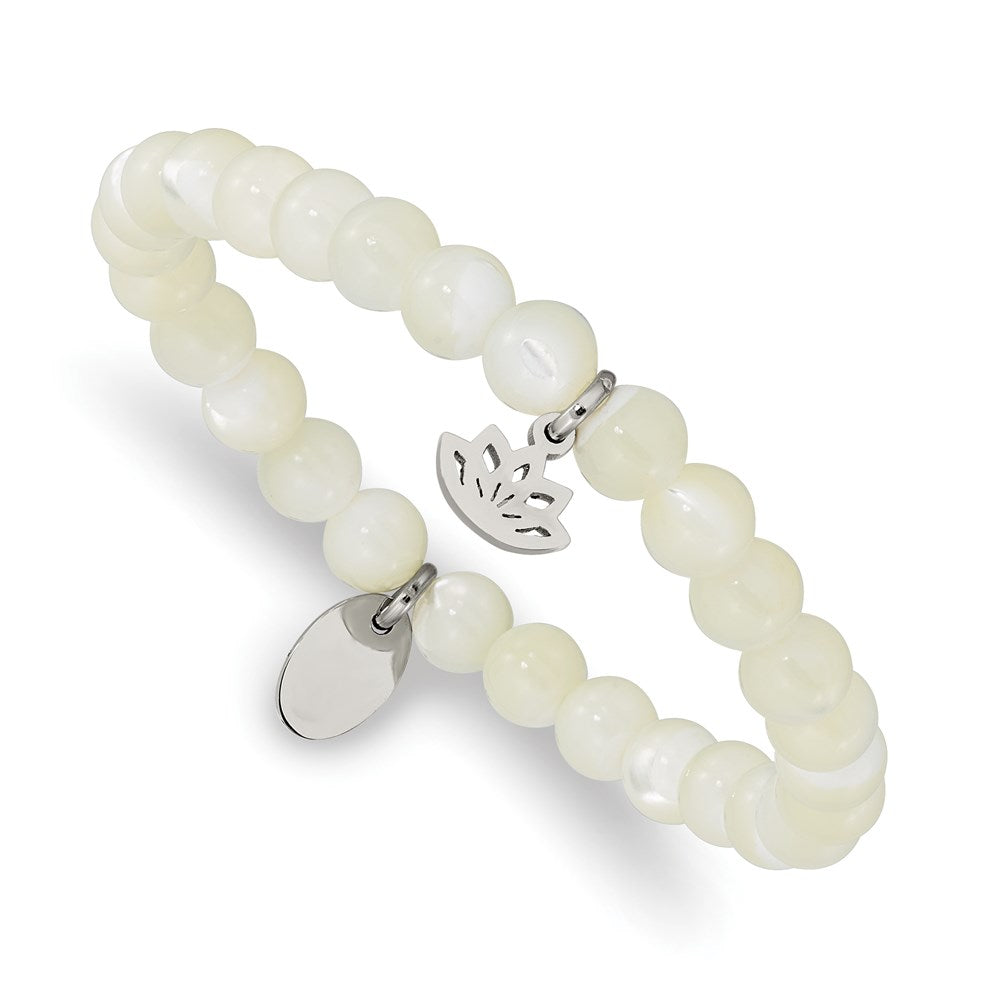 Chisel Brand Jewelry, Stainless Steel Polished Lotus Mother of Pearl Beaded Stretch Bracelet