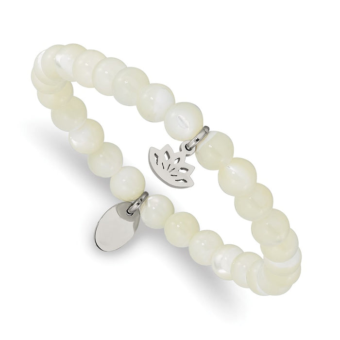 Chisel Brand Jewelry, Stainless Steel Polished Lotus Mother of Pearl Beaded Stretch Bracelet