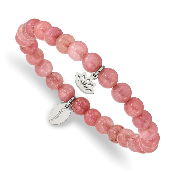 Chisel Brand Jewelry, Stainless Steel Polished Lotus Pink Jade Beaded Stretch Bracelet