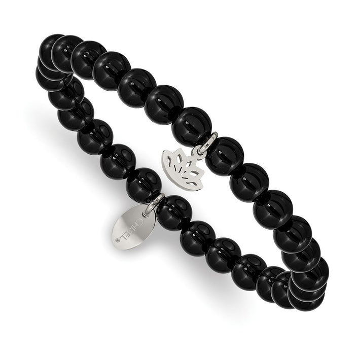 Chisel Brand Jewelry, Stainless Steel Polished Lotus Black Agate Beaded Stretch Bracelet