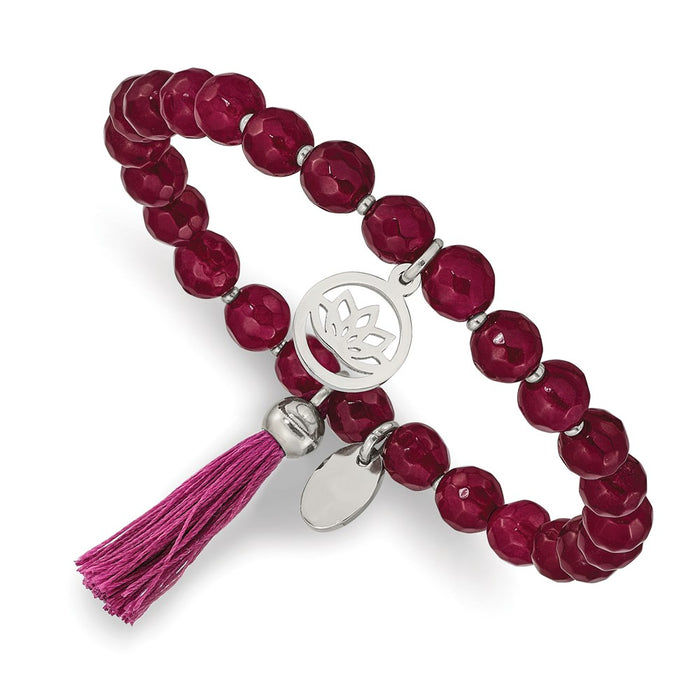 Chisel Brand Jewelry, Stainless Steel Polished Lotus with Tassel Pink Jade Beaded Stretch Bracelet