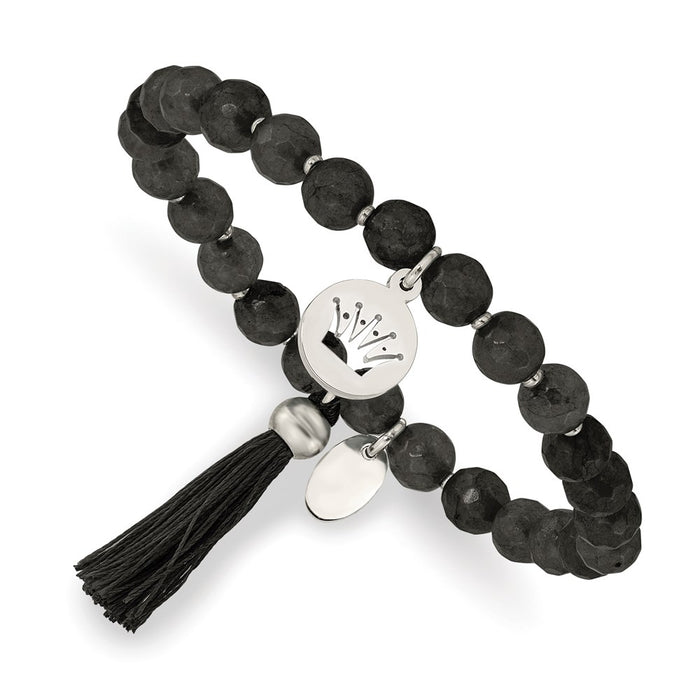 Chisel Brand Jewelry, Stainless Steel Polished Crown with Tassel Black Jade Stretch Bracelet