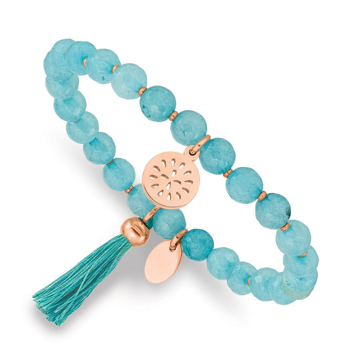 Chisel Brand Jewelry, Stainless Steel Polished Rose IP with Tassel Mint Jade Stretch Bracelet