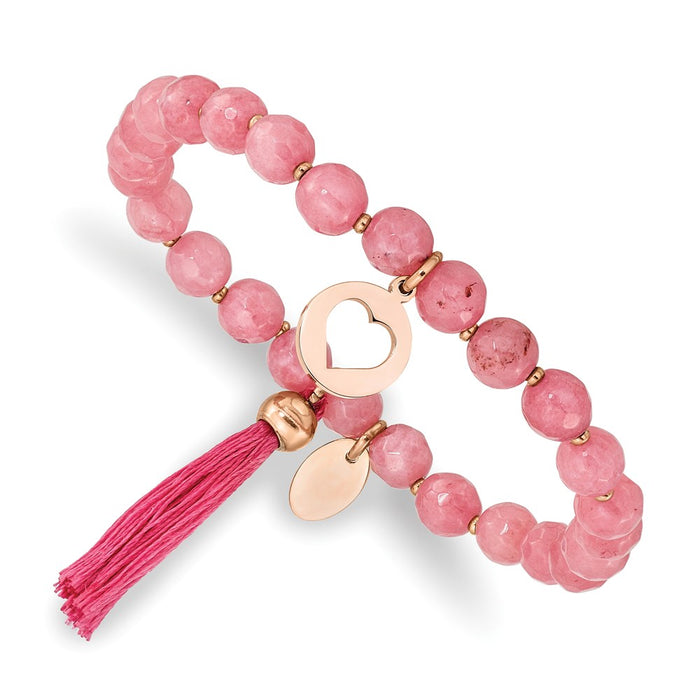 Chisel Brand Jewelry, Stainless Steel Polished Rose IP Heart with Tassel Pink Jade Beaded Bracelet