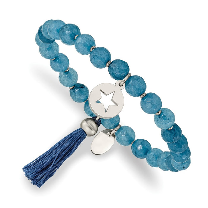 Chisel Brand Jewelry, Stainless Steel Polished Star with Tassel Blue Agate Beaded Stretch Bracelet