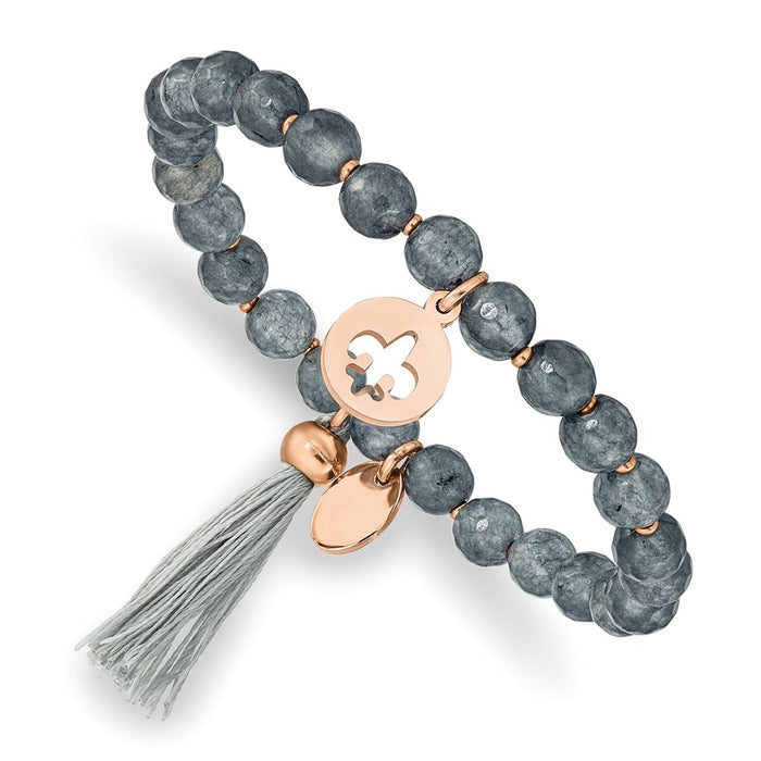 Chisel Brand Jewelry, Stainless Steel Polished Rose IP Fleur de Lis Grey Agate Stretch Bracelet