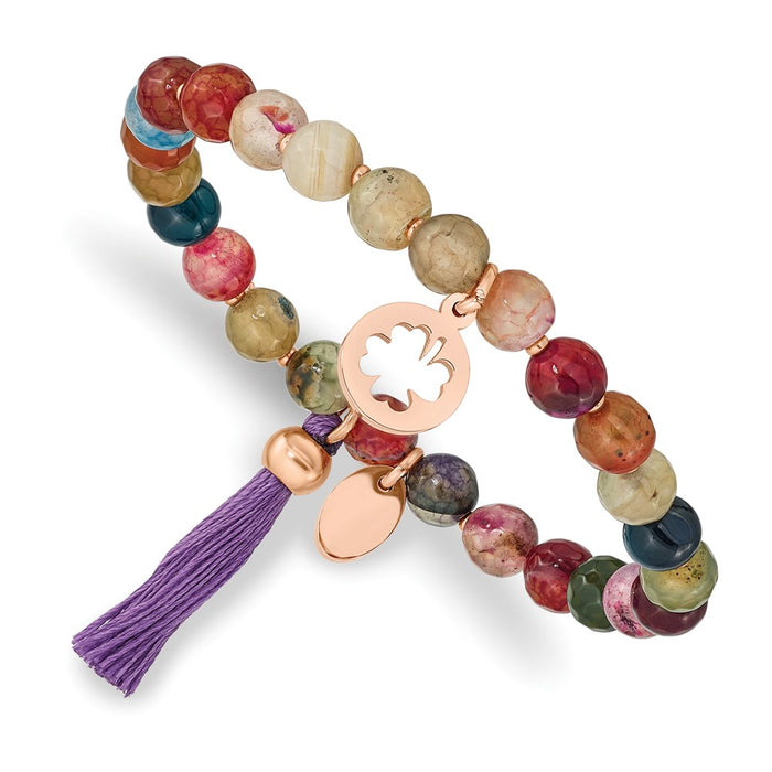 Chisel Brand Jewelry, Stainless Steel Polished Rose IP Clover Multi Color Agate Stretch Bracelet