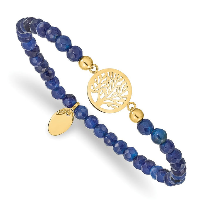 Chisel Brand Jewelry, Stainless Steel Polished Yellow IP Tree of Life Blue Jade Stretch Bracelet