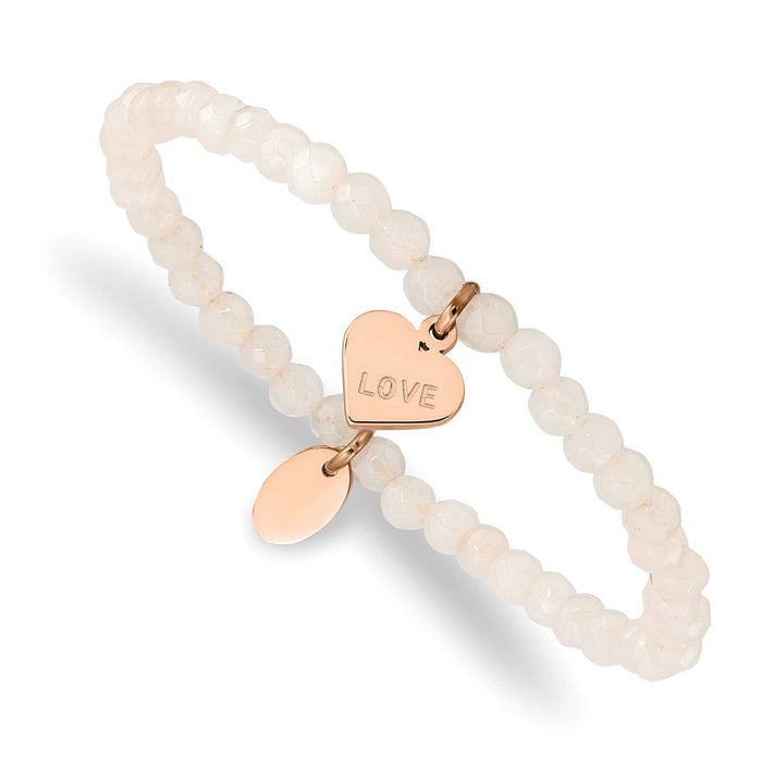 Chisel Brand Jewelry, Stainless Steel Polished Rose IP-plated LOVE Heart Jade Stretch Bracelet