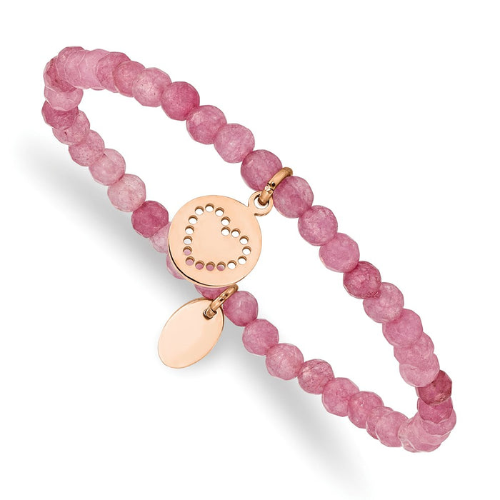 Chisel Brand Jewelry, Stainless Steel Polished Rose IP-plated Heart Pink Jade Stretch Bracelet