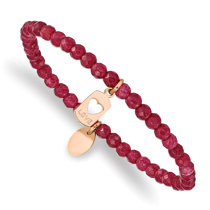 Chisel Brand Jewelry, Stainless Steel Polished Rose IP-plated LOVE Red Jade Stretch Bracelet