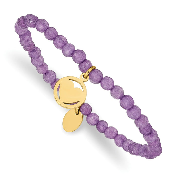 Chisel Brand Jewelry, Stainless Steel Polished Yellow IP Heart Light Purple Jade Stretch Bracelet