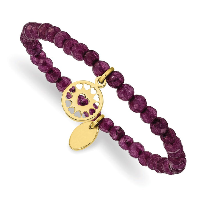 Chisel Brand Jewelry, Stainless Steel Polished Yellow IP Heart Dark Purple Jade Stretch Bracelet