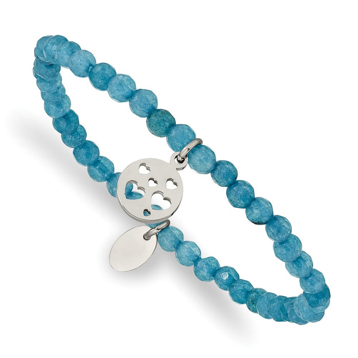 Chisel Brand Jewelry, Stainless Steel Polished Hearts Blue Jade Beaded Stretch Bracelet