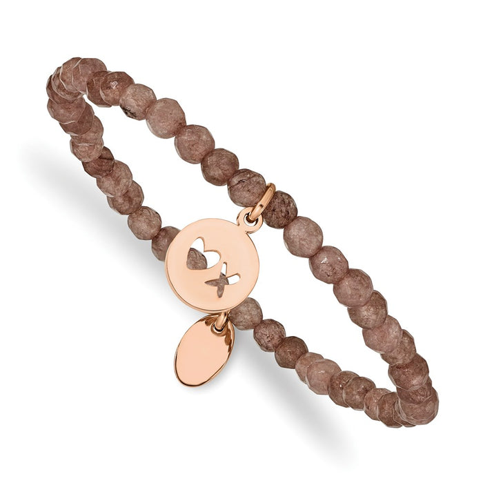 Chisel Brand Jewelry, Stainless Steel Polished XO Rose IP-plated Brown Jade Stretch Bracelet