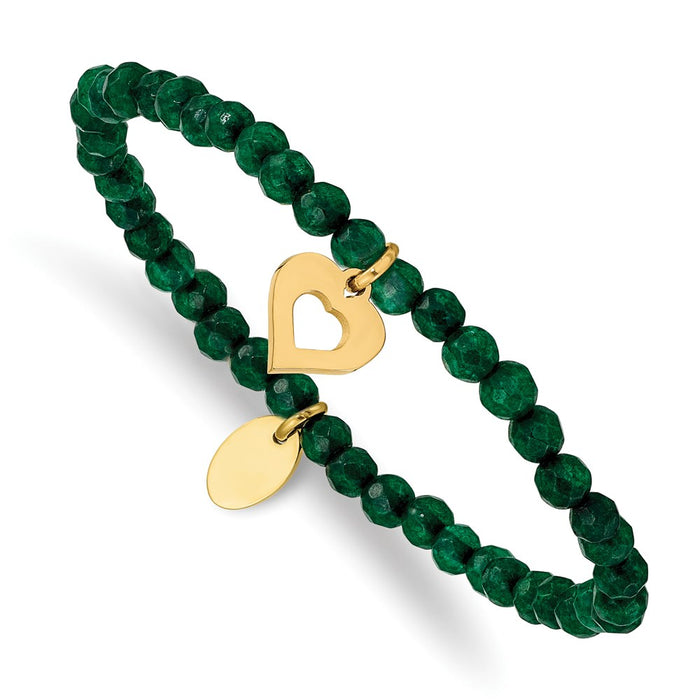 Chisel Brand Jewelry, Stainless Steel Polished Heart Yellow IP Green Jade Stretch Bracelet