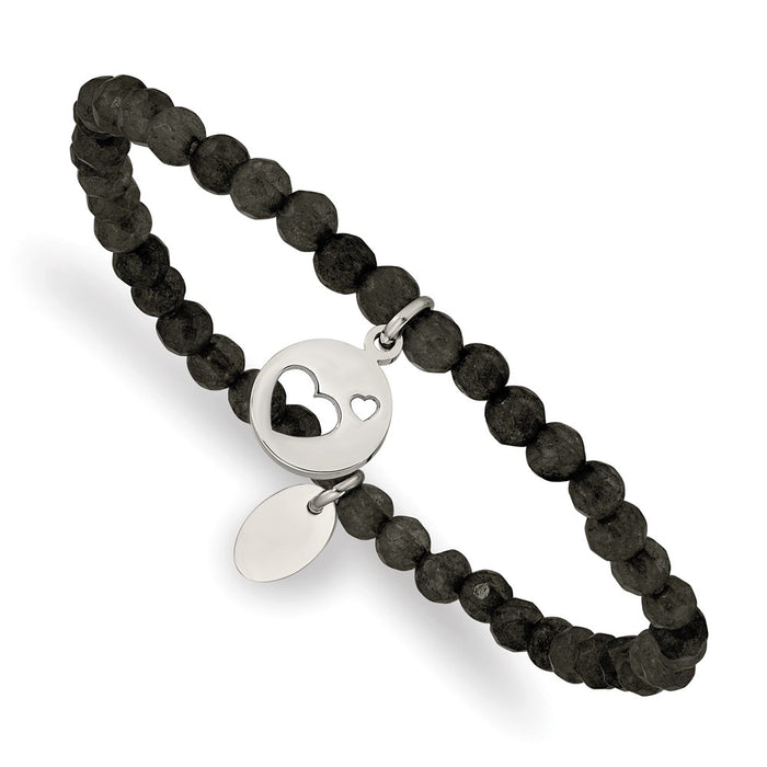 Chisel Brand Jewelry, Stainless Steel Polished Hearts Black Jade Beaded Stretch Bracelet