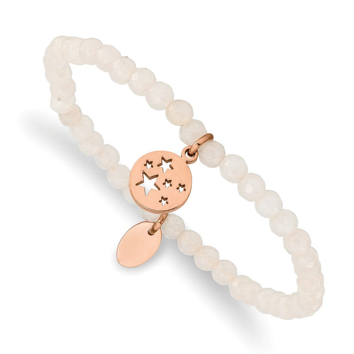 Chisel Brand Jewelry, Stainless Steel Polished Rose IP Stars White Jade Beaded Stretch Bracelet