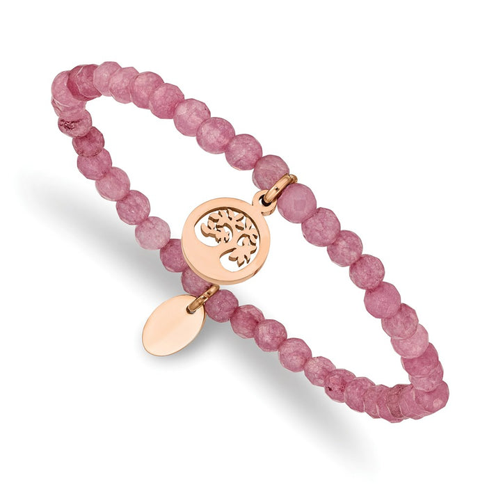 Chisel Brand Jewelry, Stainless Steel Polished Rose IP Tree Pink Jade Beaded Stretch Bracelet