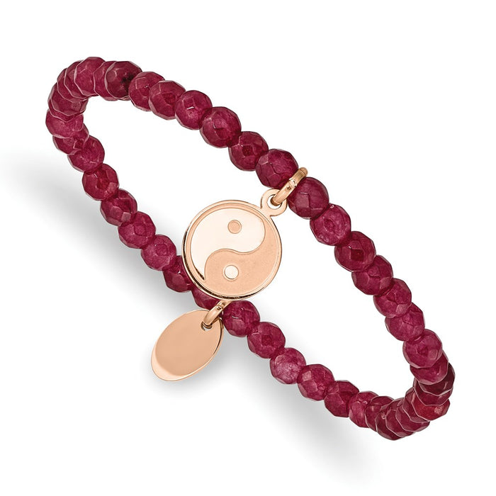 Chisel Brand Jewelry, Stainless Steel Polished & Satin Rose IP YingYang Red Jade Stretch Bracelet