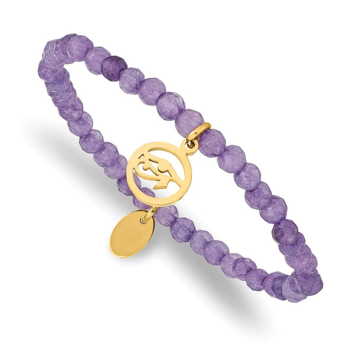 Chisel Brand Jewelry, Stainless Steel Polished Yellow IP Eye of Horus Purple Jade Stretch Bracele