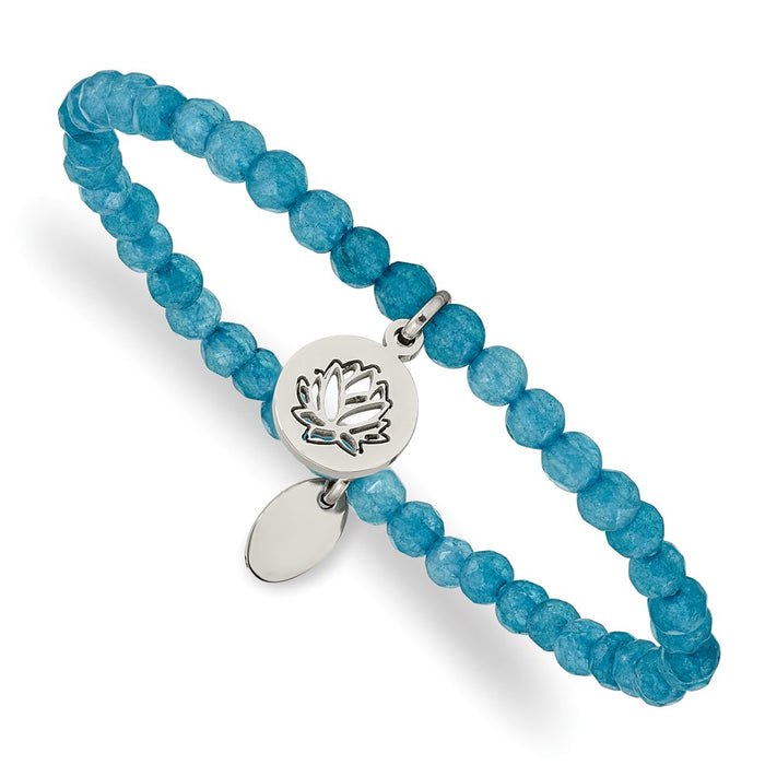 Chisel Brand Jewelry, Stainless Steel Polished Lotus Blue Jade Beaded Stretch Bracelet