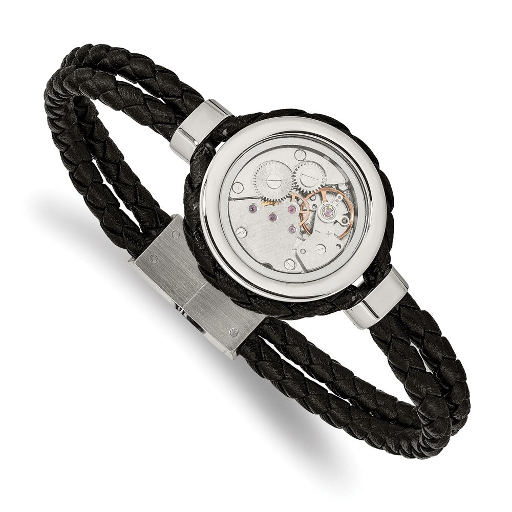 Chisel Brand Jewelry, Stainless Steel Brushed & Polished Yellow IP with CZ & Leather 8.5in Bracelet