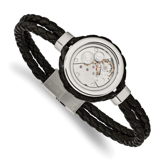 Chisel Brand Jewelry, Stainless Steel Brushed & Polished Yellow IP with CZ & Leather 8.5in Bracelet