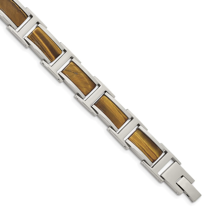 Chisel Brand Jewelry, Stainless Steel Polished Tiger's Eye 8.5in Link Bracelet