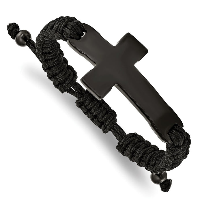 Chisel Brand Jewelry, Stainless Steel Polished Black IP Black Nylon Adjustable Cross Bracelet