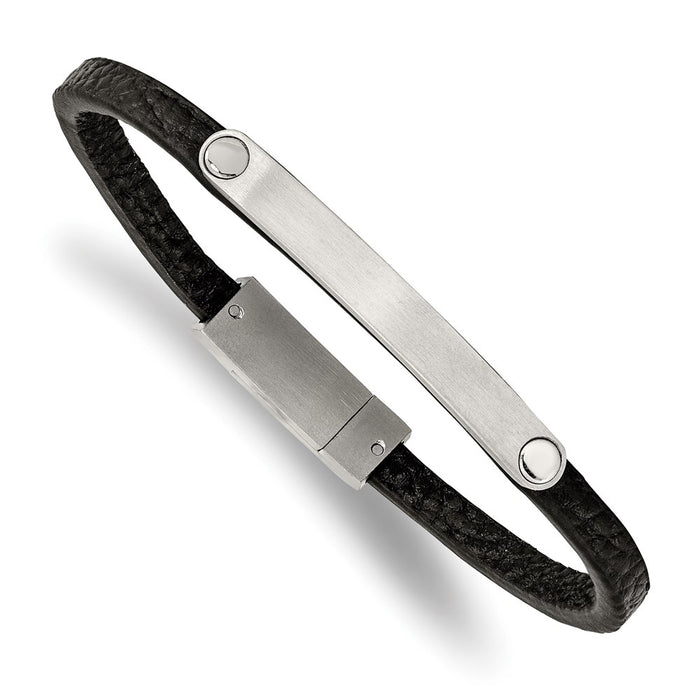 Chisel Brand Jewelry, Stainless Steel Brushed Black Leather 8.25in ID Bracelet