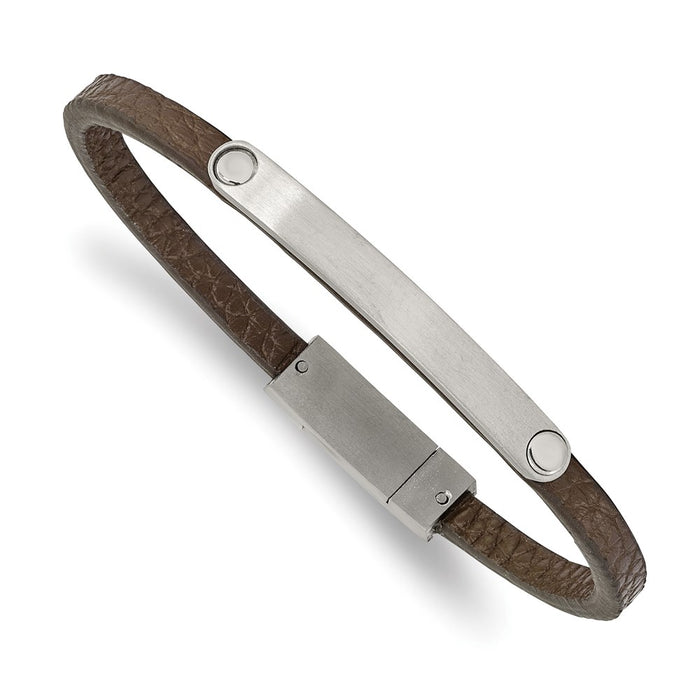 Chisel Brand Jewelry, Stainless Steel Brushed Brown Leather 8.25in ID Bracelet